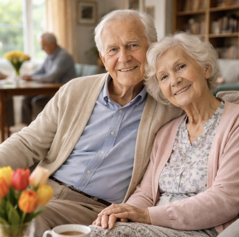 Seniors installés dans un espace commun d’une résidence services en Belgique, illustrant les prestations et le niveau de confort influençant les prix en 2025